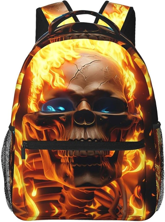 Daypack Backpack Polyester Anti-Theft Multipurpose Skull Flame Fire Art Bookbag Big Capacity Travel Hiking Camping Rucksack With Smooth Zippers