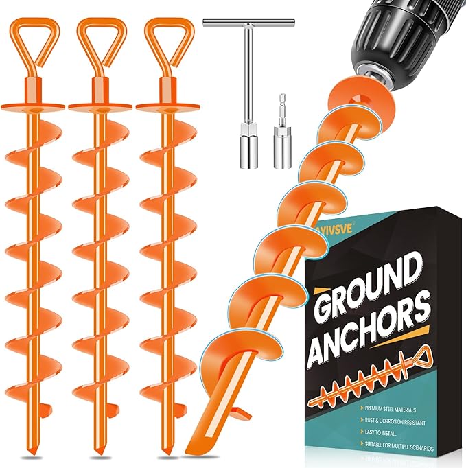 Ground Anchors Screw in, Heavy Duty Ground Trampoline Stakes High Wind Tent Stakes for Tent, Trampoline, Gazebo, Carport, Trap Anchor, Canopies, Swing Set