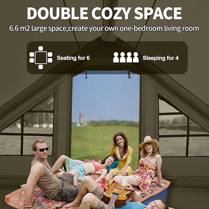 Inflatable Tents for Camping with Stove Jack, 2/4/6/8 Person Easy Setup Blow Up Tents for 4 Seasons Waterproof Inflatable Camping Tent with Awning, Air House Glamping Tents for Camping Adult