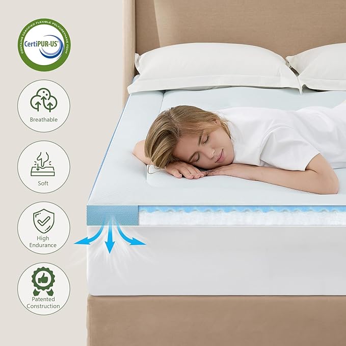 Hansleep Memory Foam Mattress Pad Topper Queen, Queen Foam Mattress Topper Viscose Derived from Bamboo, Queen Size Bed Mattress Pad Cover for Back Pain Relief, 60" x80", 60" x80", White