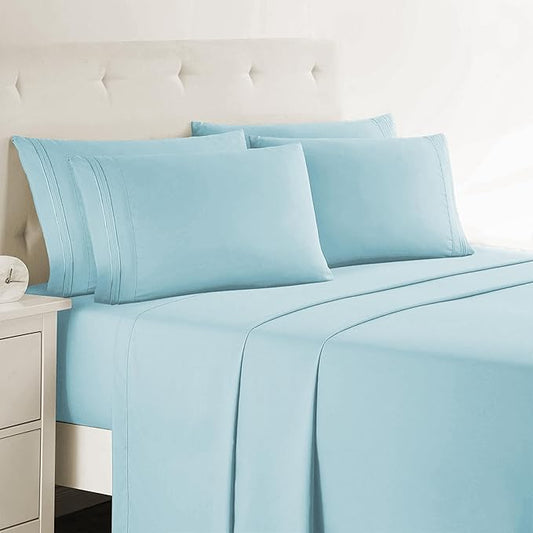 Clara Clark Queen Sheets, 6 Piece Set - Hotel Luxury Sheets for Queen Size Bed, Super Soft Bedding Set, Aqua Light Blue