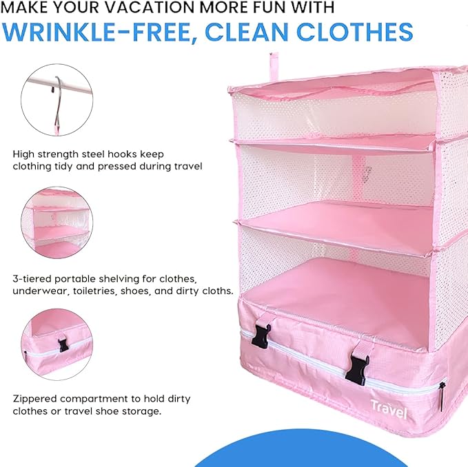 Grand Fusion Stow-N-Go Packing Organizer for Luggage, Portable Hanging Travel Shelves, Carry-On Closet, Hanging Packing Cubes, Collapsible Carry-On Organizer for Cruises & Hotels Pink - XL