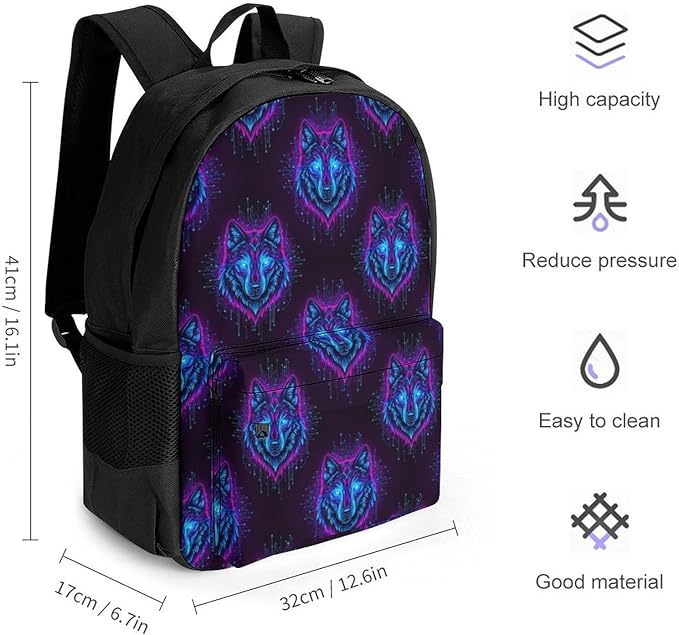 Supdreamc Polyester Daypack Backpack for Sports Travel Running, Big Capacity Anti-Theft Multipurpose Carry On Bag, Neon Wolf Laptop Book Bag Rucksack