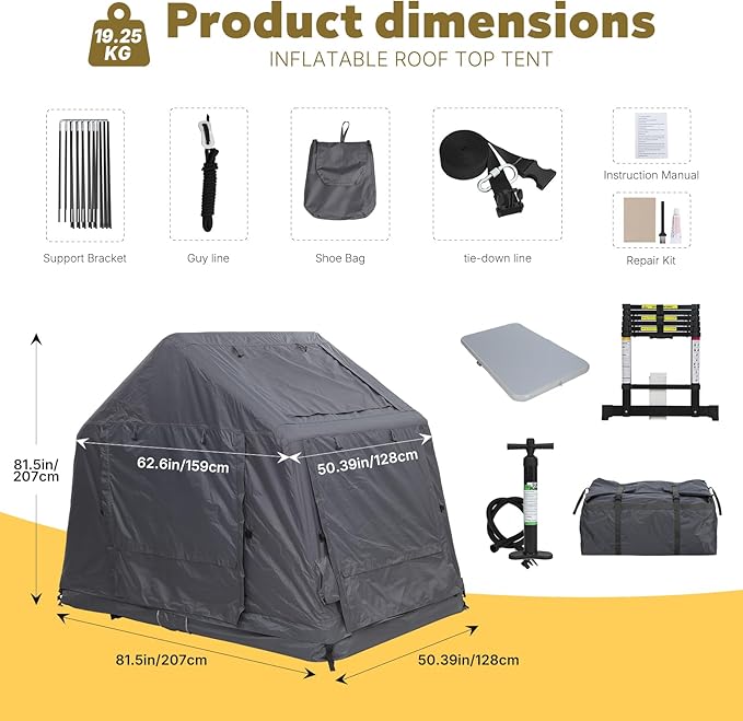 CDEN Inflatable Rooftop Tent, SUV Truck Bed Tent, 2-3 Person Pop-Up Car Roof Top Tent, Overland Tents, with Air Mattress, Ladder, Rainfly, Pump, for Camping, Outdoor, Travel