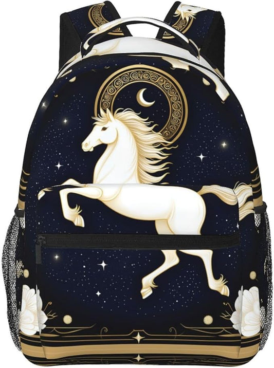 Daypack Polyester Anti-Theft Multipurpose Running White Horse Starry Sky Flowers Elegant Art Bookbag Big Capacity Gym Outdoor Hiking Backpack With Adjustable Shoulder Straps