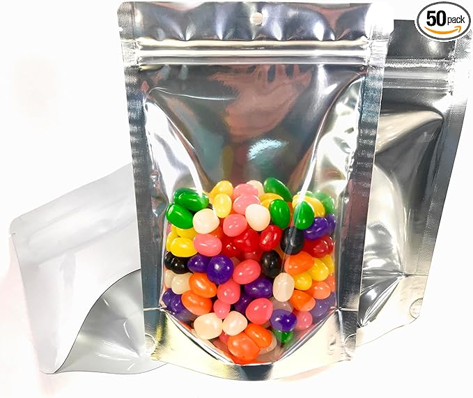 Smell Proof Mylar Food Storage Bag (50 Pack) 1 Ounce Clear Front Heavy Duty Ziplock 6x9x3 Inch Stand Up Leak Proof Foil Pouch w Hang Hole. Heat Sealable with Iron.