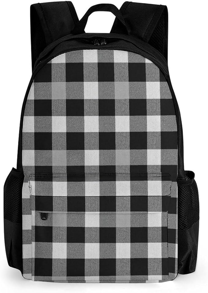 Adults Lightweight Plaid Farmhouse Black Gray Checkered Buffalo Plaid Modern Rustic Rucksacks Large Capacity Bookbag With Adjustable Shoulder Straps for Trekking Outdoors Bicycle
