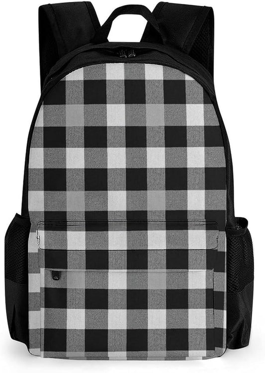 Adults Lightweight Plaid Farmhouse Black Gray Checkered Buffalo Plaid Modern Rustic Rucksacks Large Capacity Bookbag With Adjustable Shoulder Straps for Trekking Outdoors Bicycle