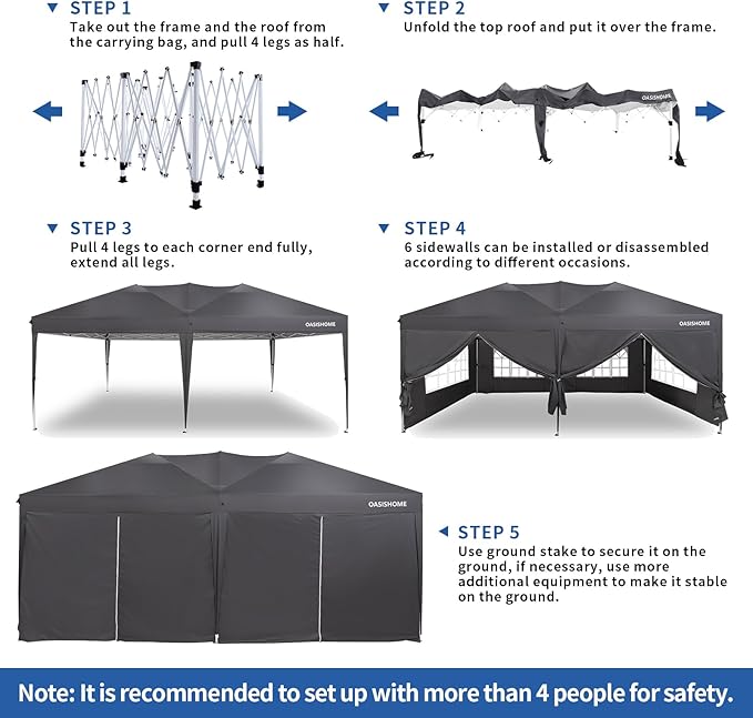 OASISHOME Pop-up Gazebo Canopy Tent 10'x20' with 6 Removable Sidewalls, Windows, Stakes, Ropes, Carry Bag,Suitable for Patio, Outdoor, Wedding Parties&Commercial Events (Grey (NOT Black), 10X20)