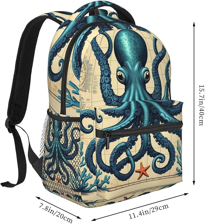 Backpack Multipurpose Anti-Theft Large Capacity Bookbag, Retro Octopus Art Travel Hiking Daypack With Side Pockets