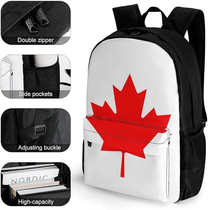 Men Women Polyester Canadian Canada Flag Daypack Big Capacity Shoulder Bag With Adjustable Shoulder Straps for Camping Travel Walking Cycling