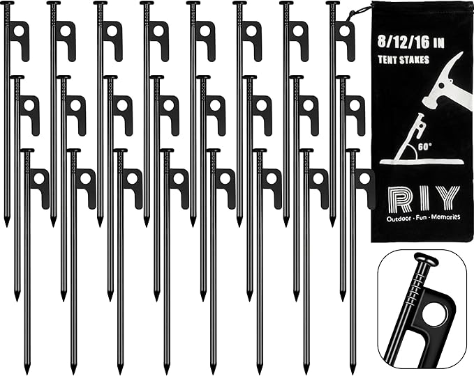 RIY Tent Stakes Heavy Duty 8 inch Metal Tent Pegs for Camping Steel Tent Stakes Inflexible and Unbreakable-24 PCS