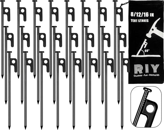 RIY Tent Stakes Heavy Duty 8 inch Metal Tent Pegs for Camping Steel Tent Stakes Inflexible and Unbreakable-24 PCS