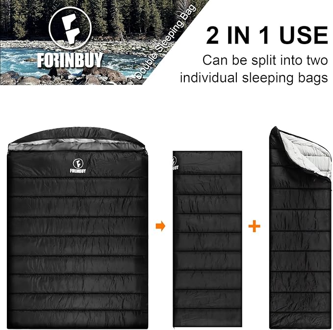 Double Sleeping Bag for Adults, XL Queen Size 2 Person Waterproof Sleeping Bag for Cold Weather & Warm, Perfect for Couples Family RV Travel and Tent Camp