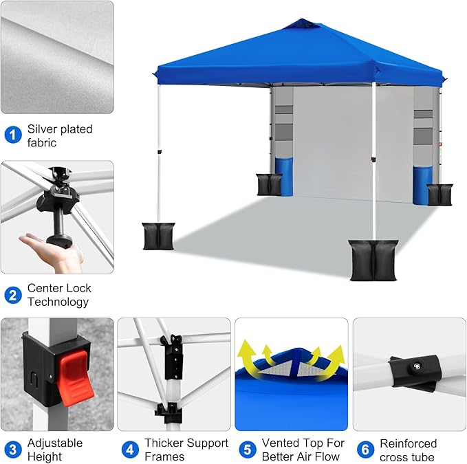 WEIZE 10ft X10ft Pop Up Canopy Tent,One-Button Push Setup,Pop Up Tent with 1 Sidewall and 6 Pockets,Adjustable Height Instant Portable Shelter,4 Weight Bags,Sun Shade for Events & Beach (Blue)