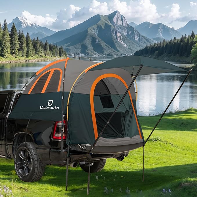 Truck Bed Tent with Awning: 5.0' ~ 5.2' PU3000mm Waterproof Tailgate Pickup Truck Tents, Easy Set-up for 2 Person, Fits Full Size Short Bed, Chevy, Dodge, Ford, GMC