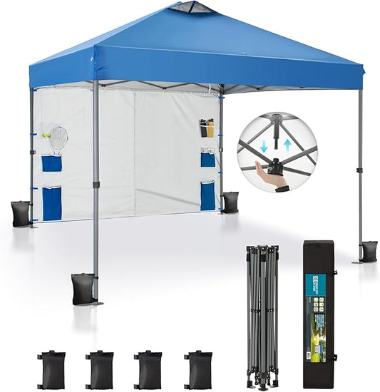 Canopy Tent Pop Up 10x10 ft One Person Push Set Up Tent, Outdoor Canopies Shelter Heavy Duty Straight Legs with 1 Sidewall & 4 Sandbags, 1 Roller Bag & Storage Bag, 8 Stakes & 4 Guy Ropes UPF50+, Blue