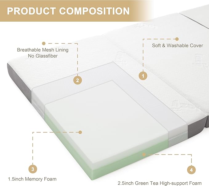 Folding Mattress, 4 Inch Memory Foam Tri-fold with Breathable Bamboo Fiber Fabric Cover, Foldable Floor Mattress Guest Bed for Camping, Road Trip, Single