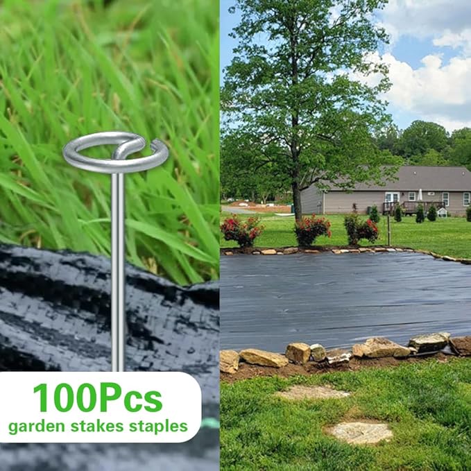 Bakulyor 100Pcs Circle Top Landscape Staples, 6 Inch Garden Stake 9 Gauge Galvanized Landscape Fabric Stakes, Heavy Duty Yard Ground Pins for Outdoor Gardening Weed Barrier Sod Fabric - Silver 6"