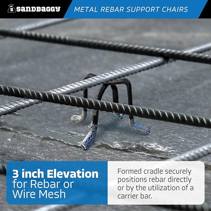 Sandbaggy 3 inch Metal Rebar Support Chairs - Plastic Dipped Legs - Rebar #3 to #5 - Concrete Wire Mesh Stands, Seat for Footings, Slabs, Walls (50, 3")