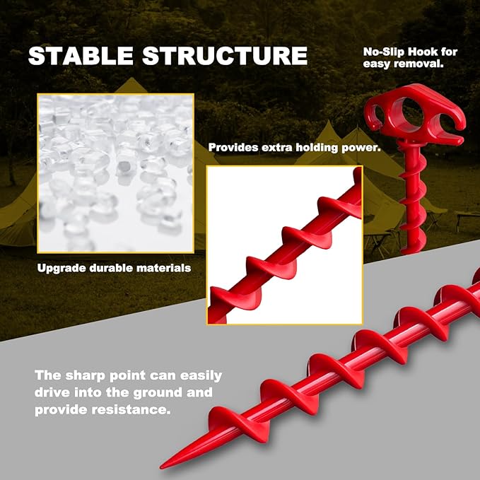 Tent Stakes Ground Anchors Screw in, 10 Pack Sand Stakes for Beach 9.4 Inch Heavy Duty Spiral Tent Pegs for Camping, Party, Hiking, Outdoor Decoration (10, Red)