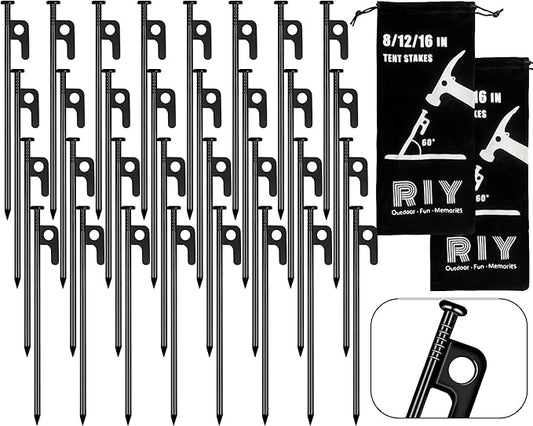 RIY Tent Stakes Heavy Duty 8 inch Metal Tent Pegs for Camping Steel Tent Stakes Inflexible and Unbreakable-32 PCS