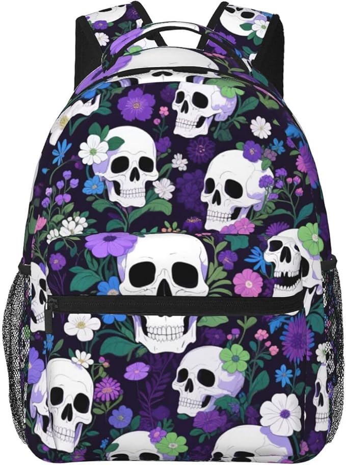 Rucksack Anti-Theft Multipurpose Large Capacity Carry On Bag, Flower Skull Purple Travel Hiking Bag Day Pack With Side Pockets