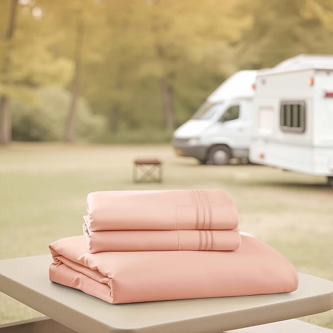 Hearth & Harbor Short Queen Sheets for RV, Blush Pink RV Queen Sheets, Silky Soft 1800 Microfiber Bed Sheet for Camper, 4 Piece RV Bedding with Pillowcases
