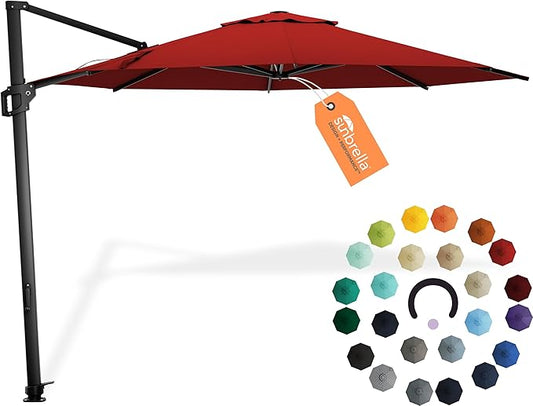 Midtown Umbrellas 10 Ft Outdoor Cantilever Patio Umbrella w/Sunbrella Red Acrylic Fabric - 360° Rotate Offset Patio Umbrella, Deck Patio Umbrella, Backyard Umbrella & Garden Umbrella - Black Frame