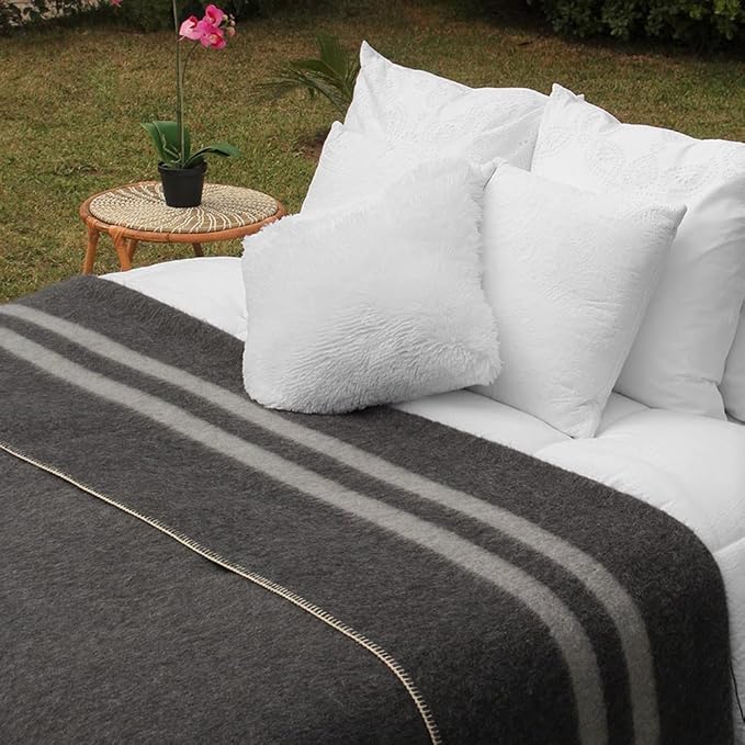 Thick Alpaca Wool Blanket Heavyweight for Camping Outdoors or Using Indoors | Soft Peruvian Alpaca Wool Blankets (Dark Gray -Soft Gray Stripes, King)