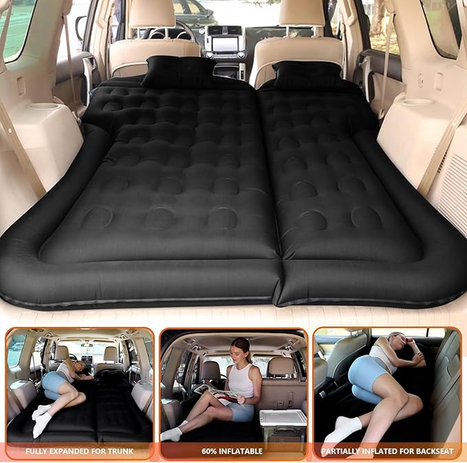 SUV Air Mattress, Inflatable Car Air Bed Truck Camping Mattress for Back Seat Thickened Travel Sleeping Pad with 1 Charge & Air Pump Flocking Car Bed For SUV, Rear Seat, Trunk, 68L× 51W × 5.11H"