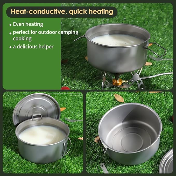 BY-J 3 Piece-Set, Outdoor Titanium Frying Pan & Pot with Lid Folding Handle Camping Hanging Cookware Hiking Picnic Ultralight Bowl Tableware