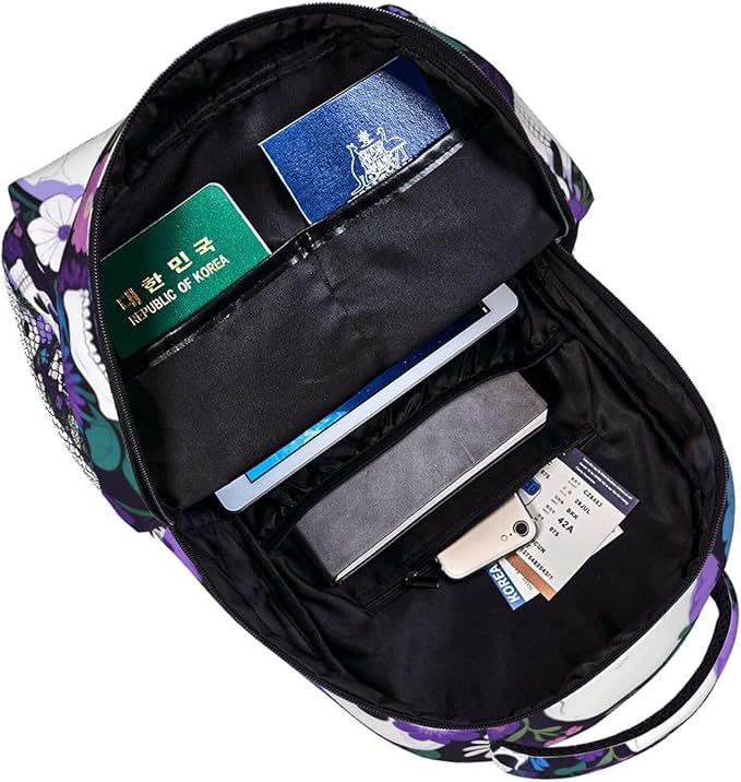 Rucksack Anti-Theft Multipurpose Large Capacity Carry On Bag, Flower Skull Purple Travel Hiking Bag Day Pack With Side Pockets
