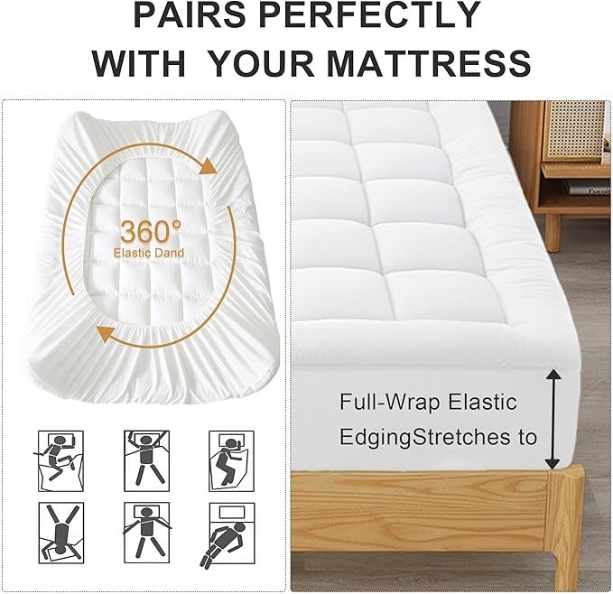 Quilted Mattress Pad Pillow Top Mattress Cover Protector Cooling Soft for Breathable Padded Deep Pocket 8-21 Fitted Supportive(White,Twin Size)