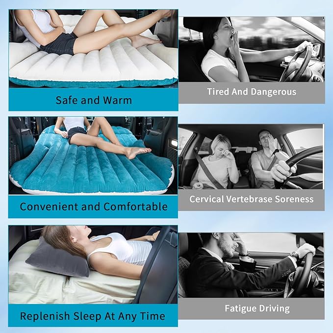 SUV Air Mattress Thickened and Double-Sided Flocking Travel Foldable Camping Bed for SUV Rear Seat and Trunk Camping Pickup Truck Bed Air Mattress, 76x51x4.7Inch (White Blue)