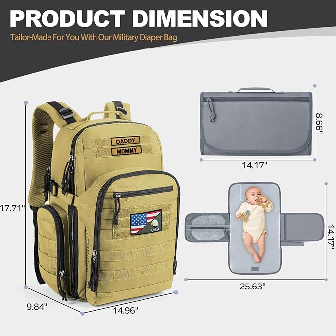 MIRACOL Military Diaper Bag for Dad - Tactical Style Baby Backpack with MOLLE & Changing Pad - 14 Compartments Rugged Design for Outdoor Travel Camping Tan