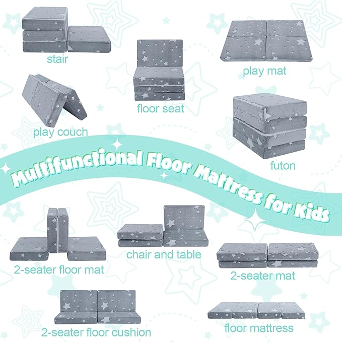 MeMoreCool Kids Folding Mattress, Trifold Mat Foldable Floor Mattress for Kids, 63x26 Portable Floor Mat with Washable Cover and Carry Bag, 4 Inch Foam Medium Firmness, Grey Star