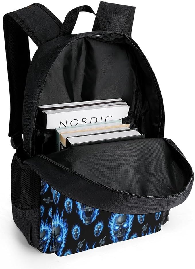 Rucksacks Lightweight Multipurpose Anti-Theft Blue Fire Flame Skull Shoulder Bag Big Capacity Laptop Book Bag Rucksack With Padded Straps