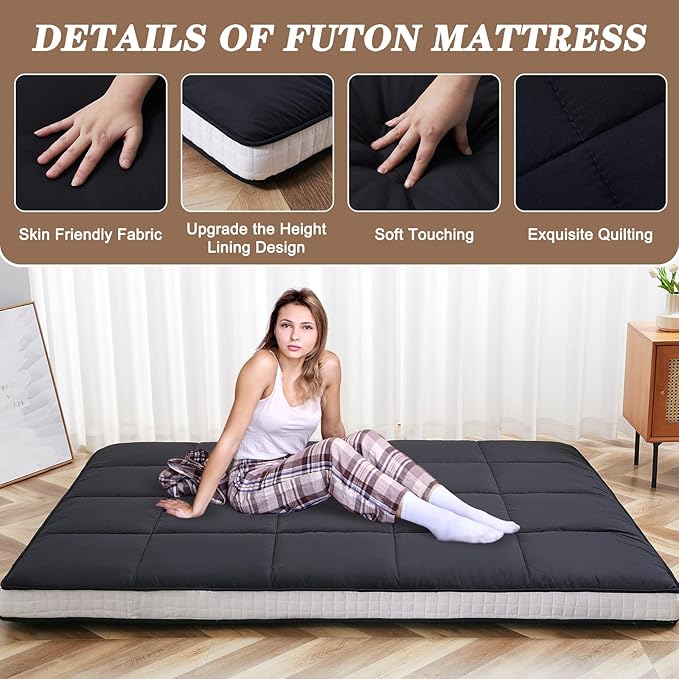DoCred Queen Size Futon Mattress, Extra Thick Foldable Japanese Floor Mattress Memory Foam Sleeping Pad for Adults, Roll Up Mattress Tatami Mat Breathable Floor Lounger Guest Bed