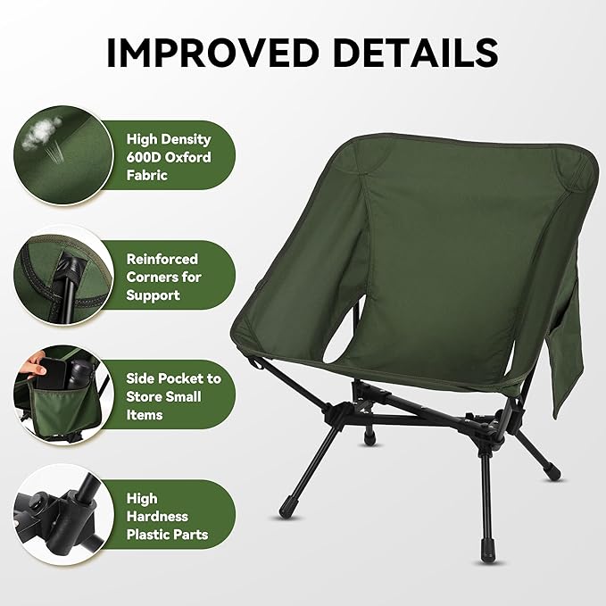 Ultralight Camping Chair, Portable Folding Backpacking Chair, Compact Camping Chair with Carry Bag for Outdoor Camp Hiking Backpack Beach Travel (Green)