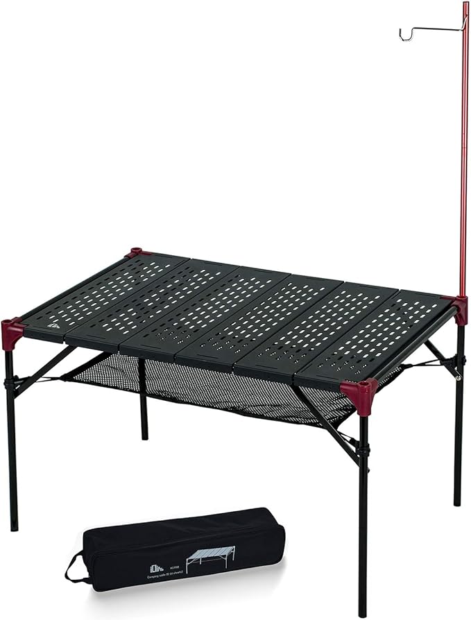 iClimb Extendable Folding Table Large Tabletop Area Ultralight Compact with Hollow Out Tabletop for Camping Backpacking Beach Concert BBQ Party, Three Size (Black - XL + Hanger)