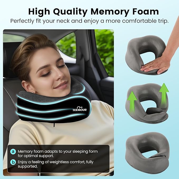 Upgraded Neck Pillow for Airplane Travel - 360° Support Stops Head Bobbing, Memory Foam Travel Pillow With Eye Mask & Earplugs, Portable Carry Bag for Long Flights/Car| Best Airplane Accessories Black
