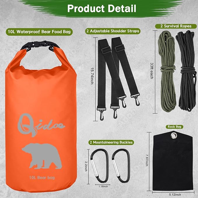 Qidoe Bear Food Bag for Camping Ultralight Food Bags Hanging System 10 L Waterproof Backpack Pulley Systems Includes Waterproof Bag, Nylon Ropes, Hooks for Camping Backpacking