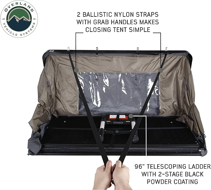 Overland Vehicle Systems Bushveld Hard Shell Clam Shell Roof Top Tent with Aluminum Base Dark Grey Body and Green Rainfly - 4 Person Tent - Four Seasons Ready