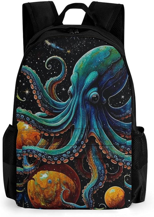 Supdreamc Lightweight Daypack Backpack for Sports Travel Running, Large Capacity Multipurpose Anti-Theft Bookbag, Octopus On The Moon Holding Stars Planet Art Laptop Backpack Daypack