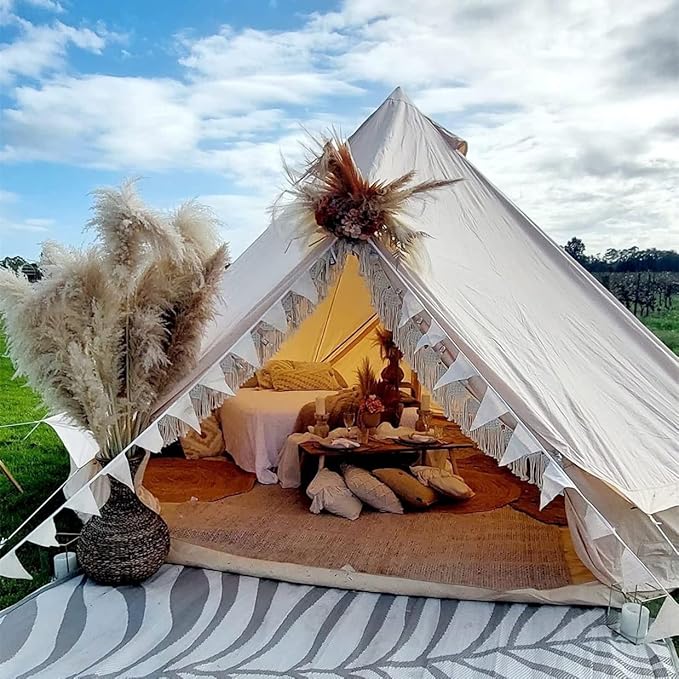 Large Luxury 4-Season Cotton Canvas Bell Tent Double Doors Camping Hunting Tent with Stove Jack Hole and Cable Hole