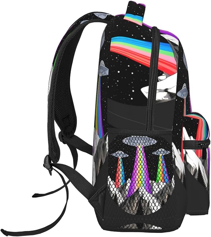 Men Women Lightweight Rainbow Ufo Gay Pride Art Daypack Bookbag Big Capacity Carry On Bag With Side Pockets for Camping Travel Bicycle