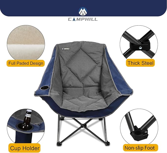 CAMPHILL Folding Camping Chair,Oversized Portable Camping Chair with Cup Holder,Heavy Duty Padded Lawn Chair for Camping, Tailgates, Beach, and Sports