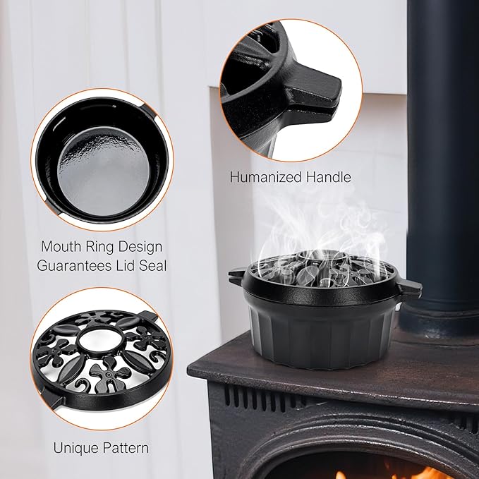G GOOD GAIN Wood Stove Steamer - Cast Iron Round Bowl Fire Place Stove Humidifier Pot with Large Opening Top for Home Heating Decorative | Matte Finish & 2.7 Quart, Black