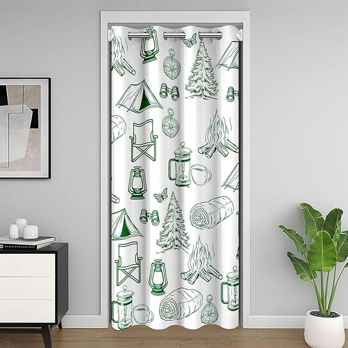 Happy Camping Doorway Curtains Privacy Green Lantern Campfire Cabin Decor Blackout Curtain Camping Accessories Wild Adventure Closet Door Curtain Rustic Farmhouse Style Room Divider Drape 52"W x 84"L
